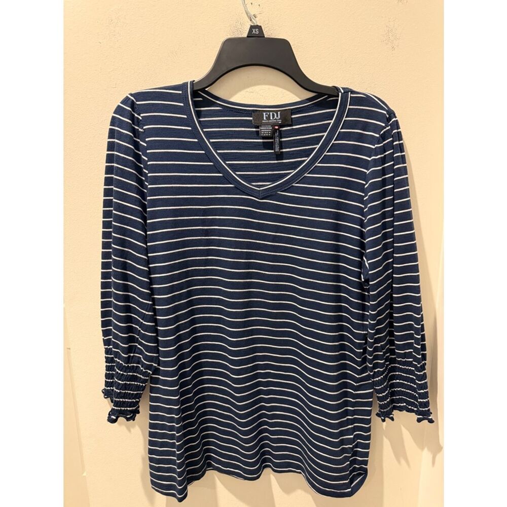 FDJ Paris Navy & White Striped V-Neck Long Sleeve Top smocked cuffs size medium
